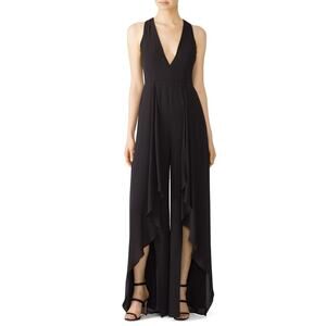 HALSTON Black Sleeveless Deep V-Neck High-Low Ruffle Front Jumpsuit Size 6